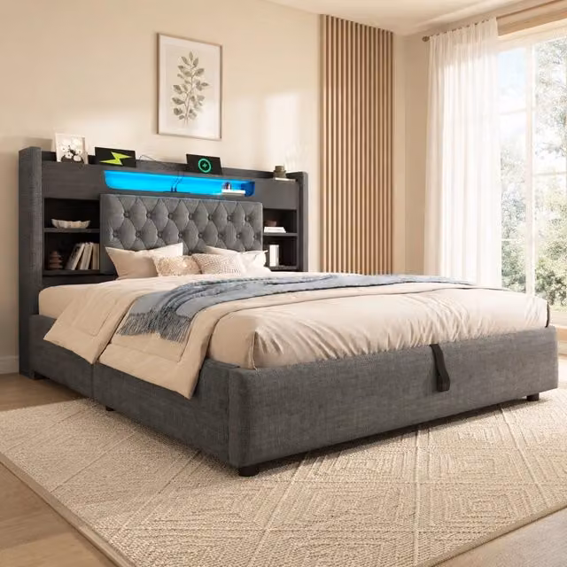 Letto imbottito 140x200 cm con contenitore idraulico; LED; USB e USB-C; lino grigio