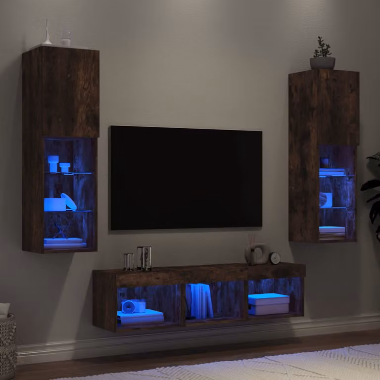 Mobile TV da parete vidaXL in legno multistrato Rovere Fumo con illuminazione LED integrata, set da 5 pezzi, L: 120 cm, P: 40 cm, H: 30 cm