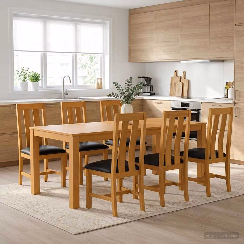 Set da pranzo moderno vidaXL in legno di quercia massello composto da 7 pezzi, colore nero e marrone, tavolo rettangolare L: 200 cm, P: 110 cm, H: 75 cm con sedie