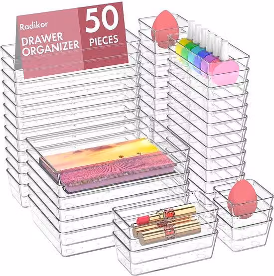 Piccolo organizer da cassetto in plastica, 50 scomparti, a 4 scomparti, per ufficio, scrivania, cucina, bagno