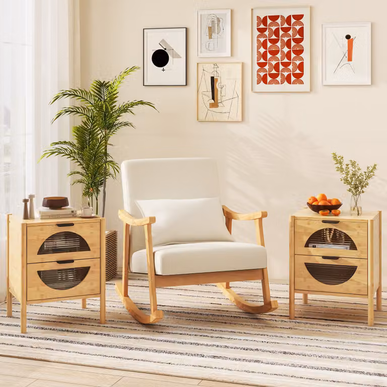Set di 2 comodini Costway in bambù stile mid-century moderno con 2 cassetti e frontali in vetro temperato, colore naturale per soggiorno e camera da letto