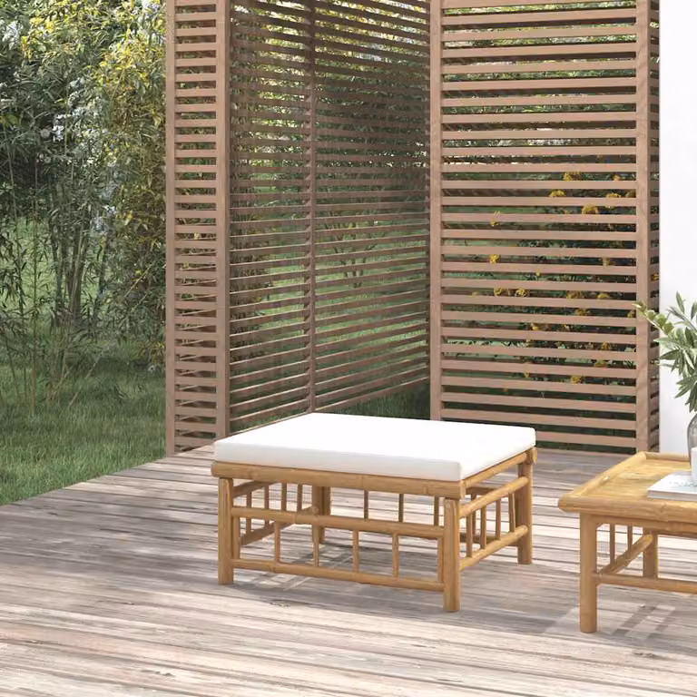 vidaXL Poggiapiedi da Giardino in Bambù con Cuscini Bianchi e Beige