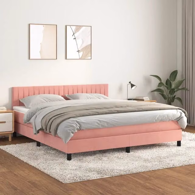 Letto con Giroletto a Molle e Materasso vidaXL in Velluto Rosa e Bianco L/P/H: 160 x 200 x 78 cm – 1