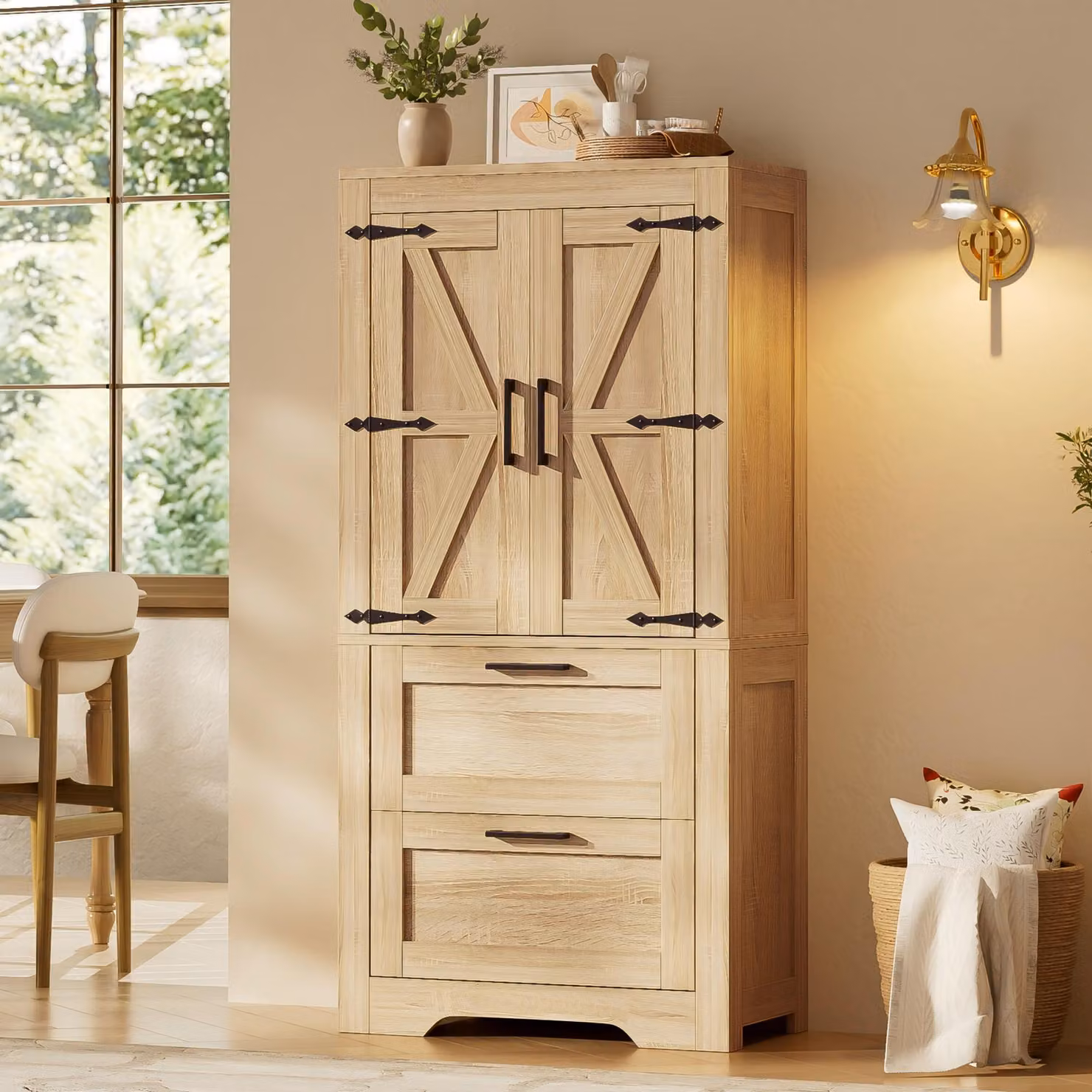 Mobiletto da cucina Flieks con 2 cassetti, ripiani interni regolabili, credenza in stile "porta di fienile", mobiletto per cucina o sala da pranzo, finitura in legno naturale
