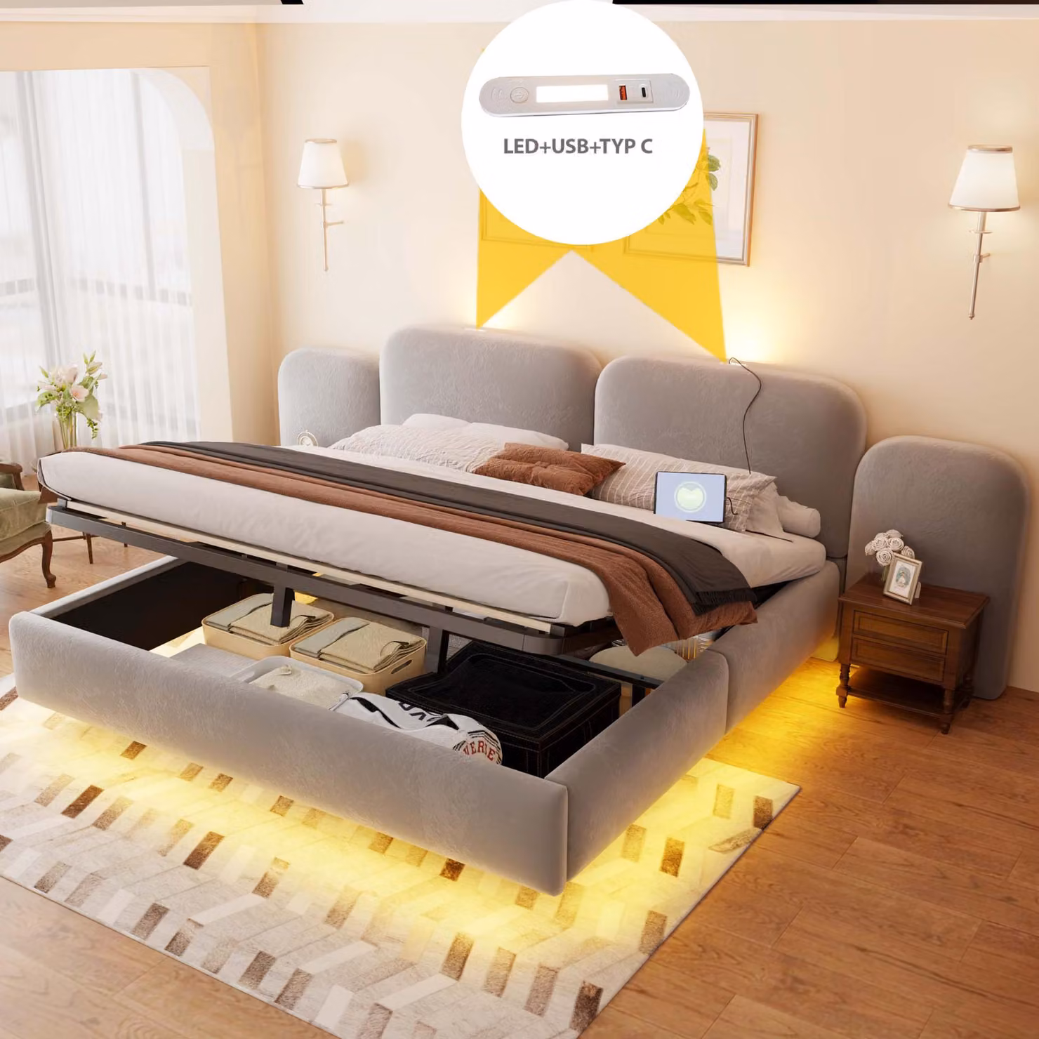 Letto matrimoniale idraulico imbottito 180x200 cm con USB e porta di tipo C, letto matrimoniale con contenitore, luce notturna e rivestimento in ecopelle, letto multifunzionale in velluto, colore grigio