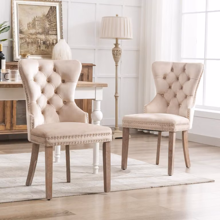 Sedia da pranzo Sweiko (sedia da cucina, sedia da soggiorno con battente unico sullo schienale, 2 pezzi), sedia imbottita con decorazioni a testa di chiodo, gambe in legno massiccio, rivestimento in velluto, beige