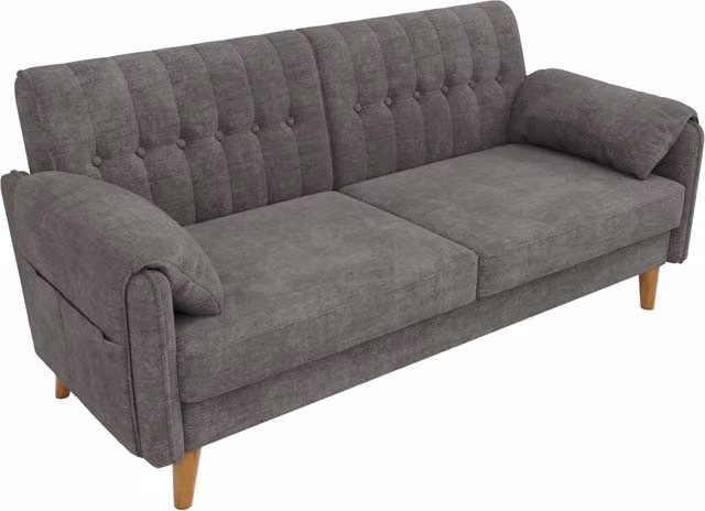 Divano moderno 2 posti in chenille grigio chiaro con struttura in legno massello e cuscini imbottiti