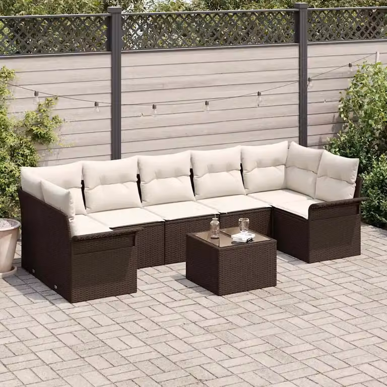vidaXL Set Divano da Giardino Moderno a L con Tavolino in Vetro, 8 Pezzi, Marrone e Beige con Cuscini Imbottiti e Struttura in Metallo Resistente ai Raggi UV