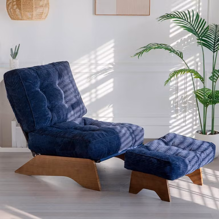 Poltrona imbottita con poggiapiedi, schienale regolabile, rivestita in velluto, altezza 70 cm, colore blu navy