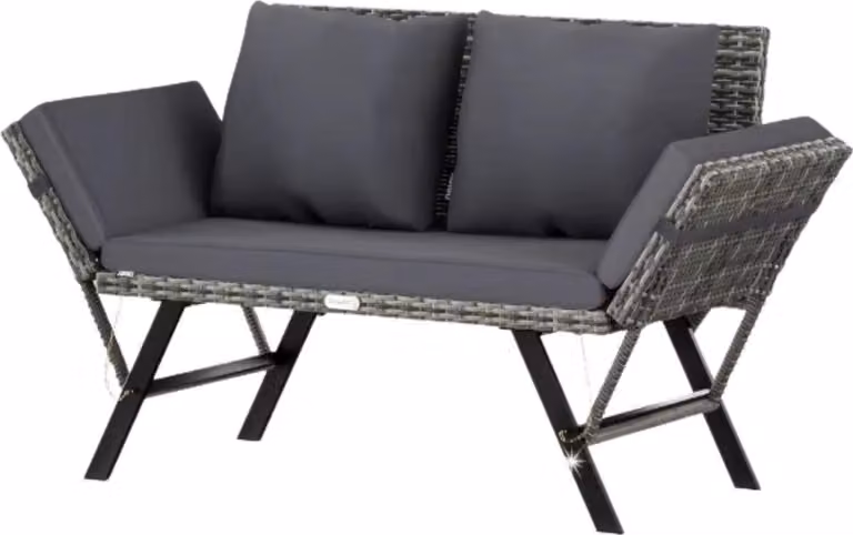 Panchina da giardino in polyrattan – 3 posti con braccioli regolabili – Resistente alle intemperie – Con cuscini – Grigio – Per giardino, terrazza e balcone