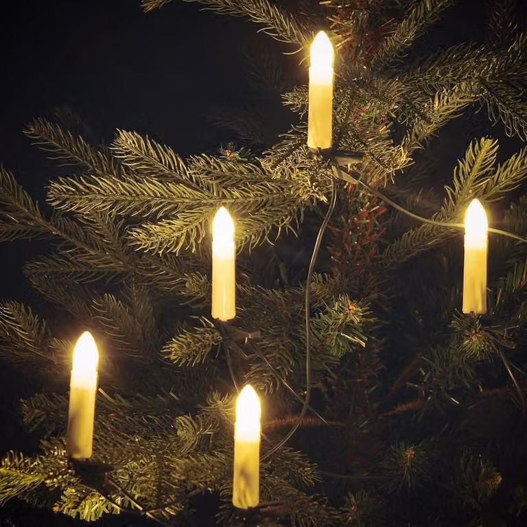 Catena luminosa a LED a forma di candele, luce bianco caldo, 50 LED, 17,25 metri, colore verde