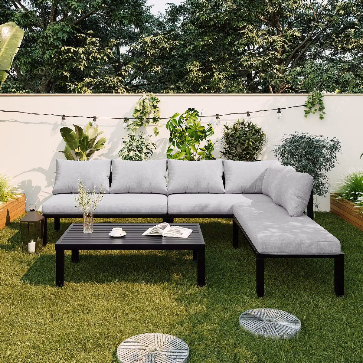 Set da giardino per 6 persone, completo di tavolo, gambe regolabili e schienali removibili