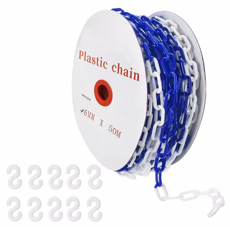 Catena di delimitazione in plastica, 6 mm x 50 m, blu e bianca, con 10 ganci a S
