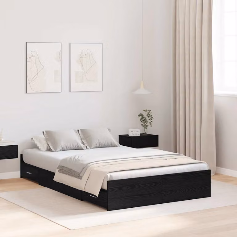 Struttura letto con contenitore vidaXL in legno e MDF, colore Nero e Rovere, L 120 cm x P 200 cm x H 203 cm