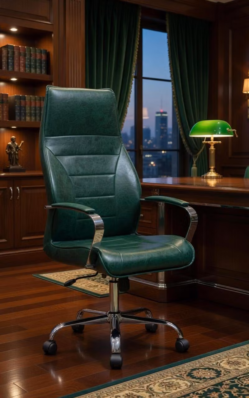 Sedia da ufficio elegante, con struttura in cromo e rivestimento in ecopelle verde