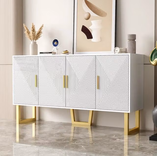 Credenza 150x40x82 cm con 4 ante e ripiani regolabili; MDF e pannello truciolare bianca