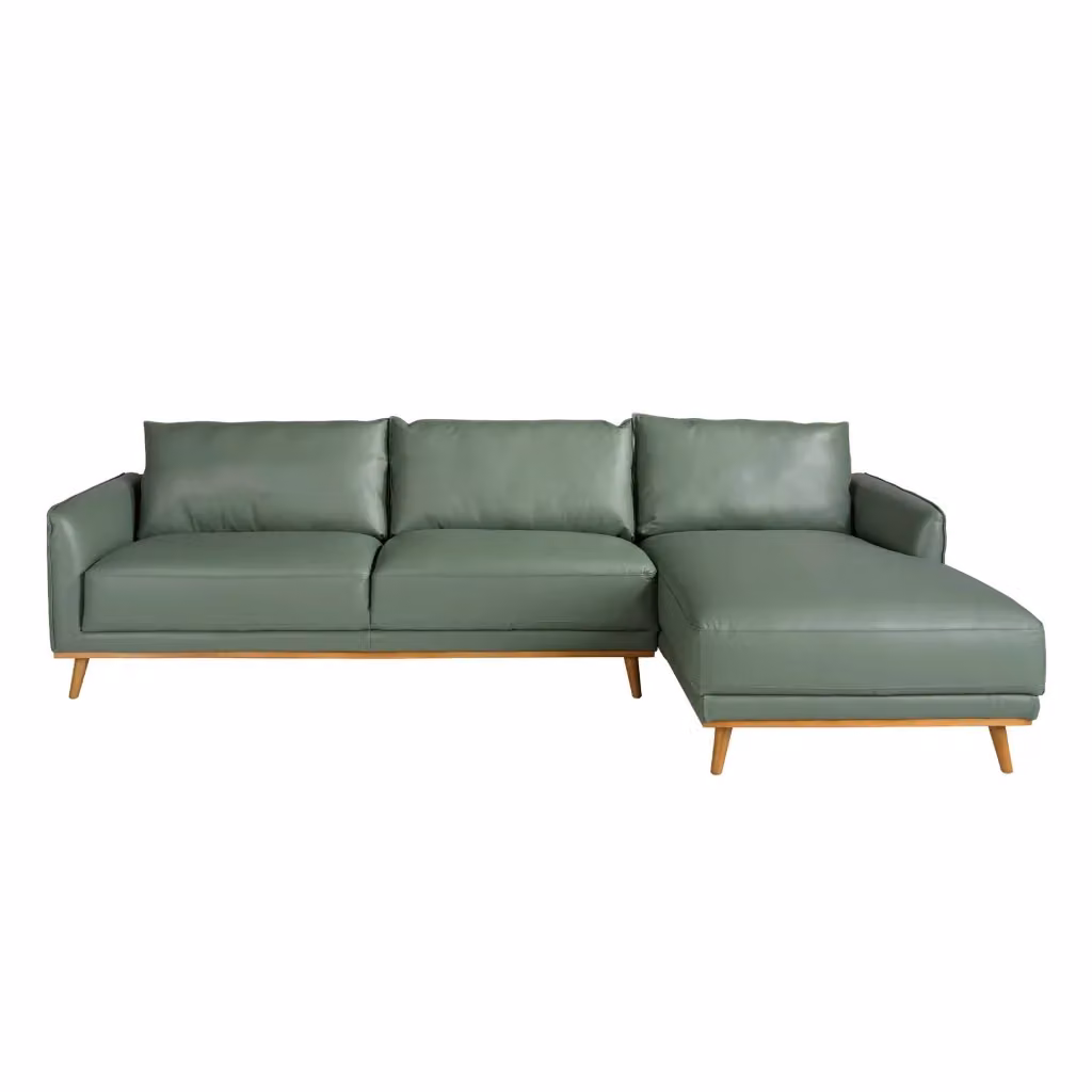 Divano angolare moderno Angel Cerda S L in pelle verde con chaise longue destra e struttura in legno di pino, L 295 x P 160 x H 90 cm – 2