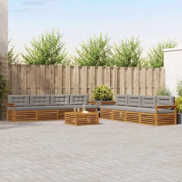 Set di divani da esterno vidaXL a forma di U composto da 9 pezzi con tavolino da caffè, in legno di acacia trattato e tessuto beige e grigio