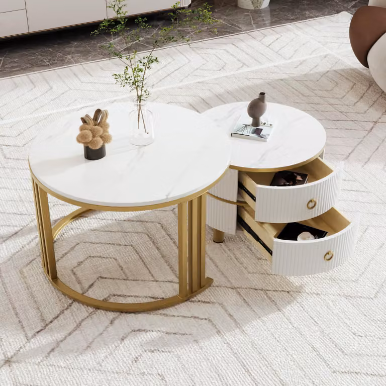 Tavolino rotondo Sweiko 2 in 1 in MDF, tavolino con piano lucido e 1 piano in marmo bianco, combinazione di tavolino da salotto con 2 cassetti, 70x70x46 + 50x50x40 cm