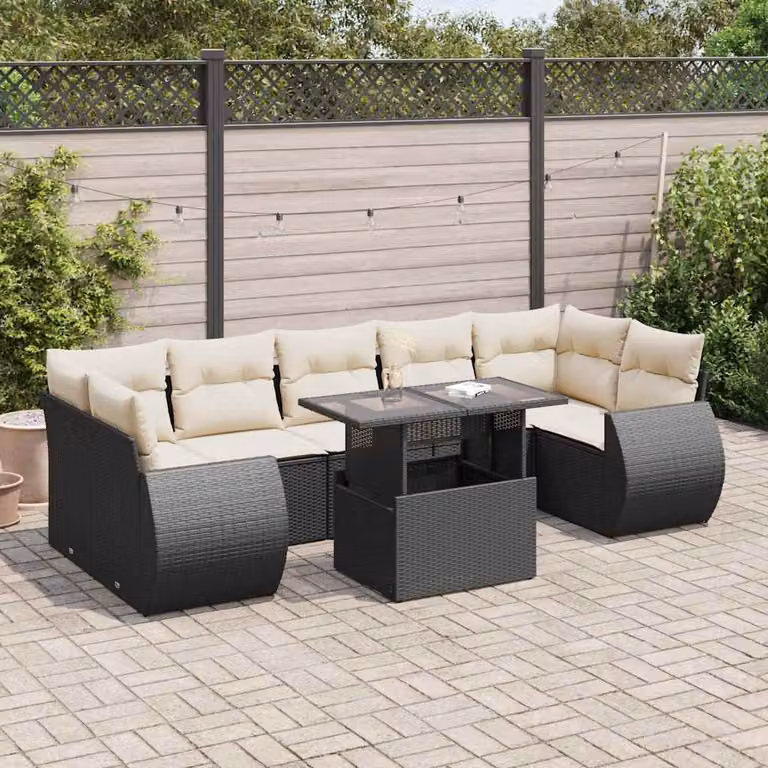 Set Divano da Giardino a L vidaXL in Polyrattan con Cuscini e Tavolino, 8 Pezzi, Nero e Bianco