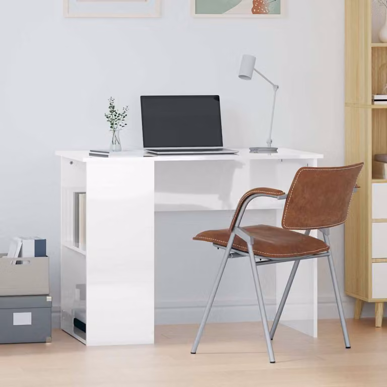 Scrivania moderna vidaXL in legno bianco lucido L: 100 cm, P: 55 cm, H: 75 cm