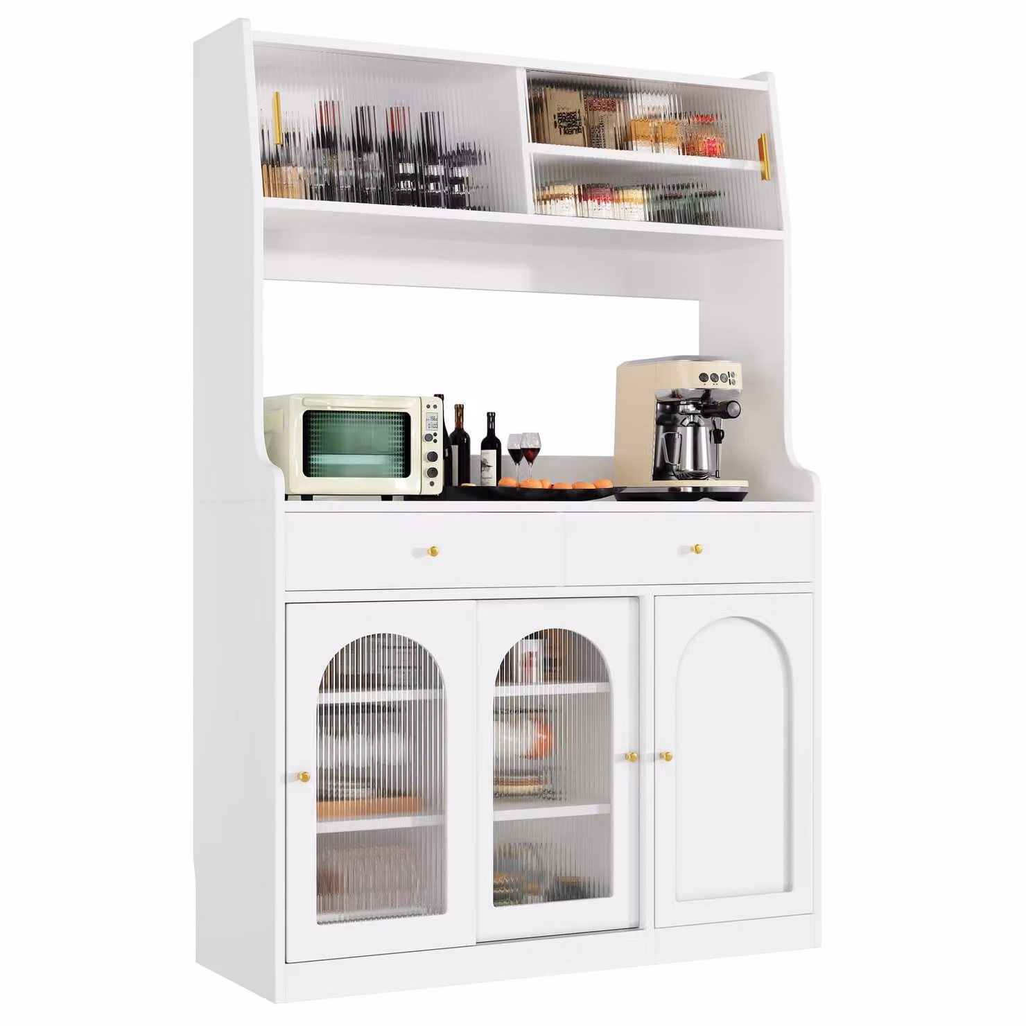 Armadio alto Flieks con LED e ante scorrevoli in vetro, mobile contenitore 120x40x180 cm, buffet da cucina con ripiani regolabili, bianco