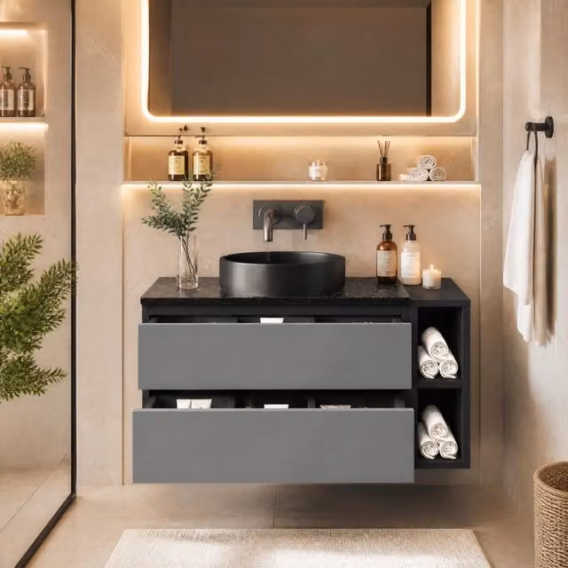 Mobile lavabo sospeso con lavabo in ceramica; piano in marmo; nero e grigio
