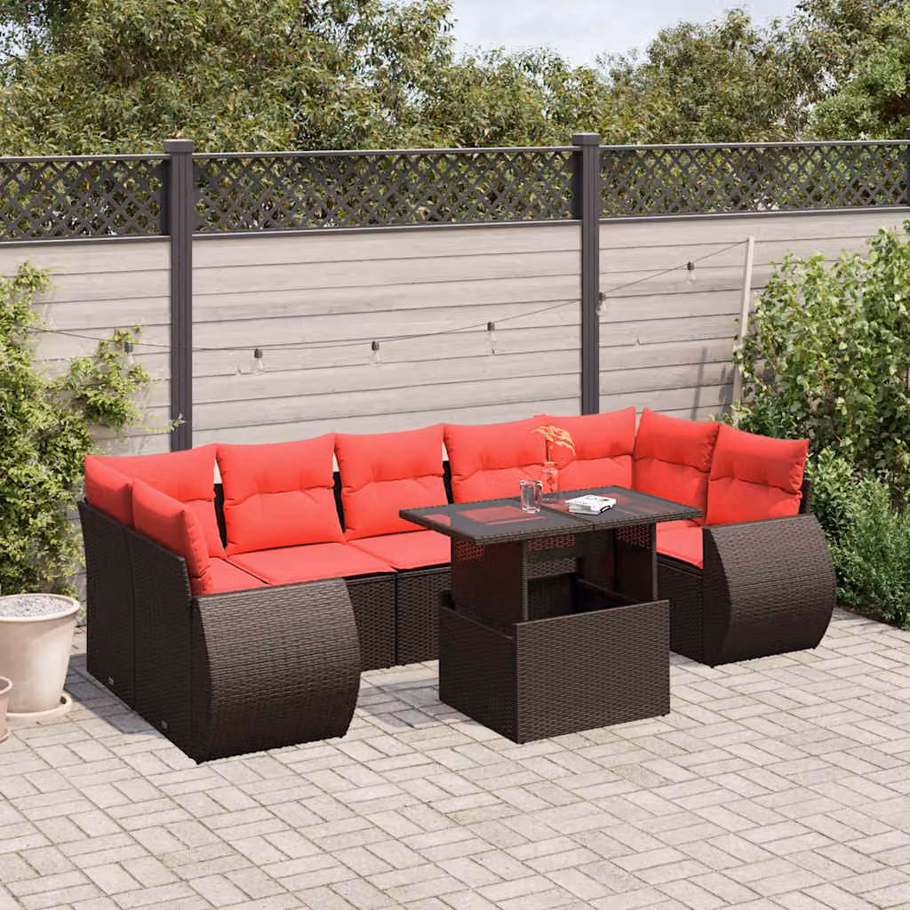 Set di divani da giardino vidaXL 8 pezzi in polyrattan marrone con cuscini e tavolino da esterno a forma di L