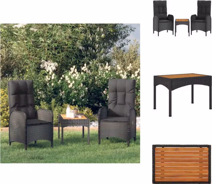 vidaXL Set di 3 pezzi da giardino con cuscini in poly rattan nero - Set di mobili da giardino