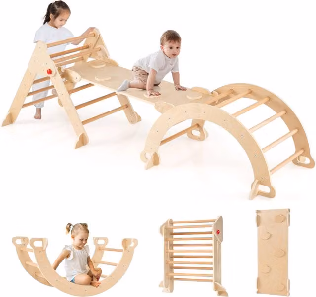Set triangolo 7 in 1 per bambini, palestra da interno pieghevole in legno beige e bianco per età 3+ anni
