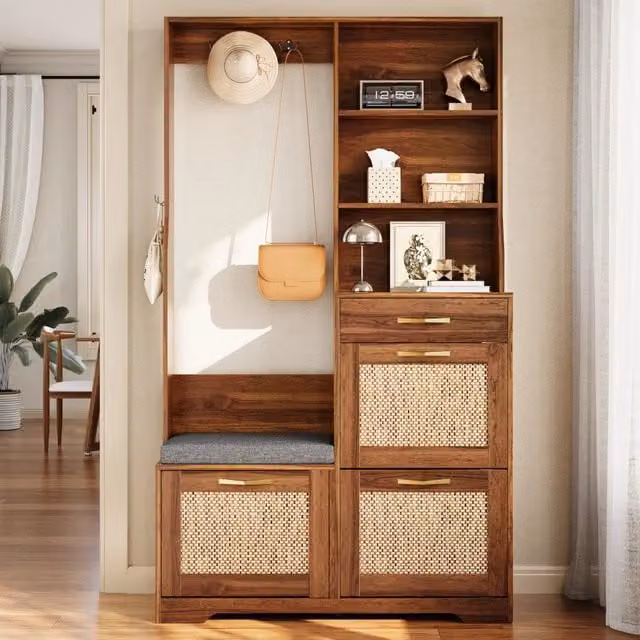 Set armadio ingresso Minimal con panca scarpiera in rovere e rattan, colore marrone, con cassetti e ganci salvaspazio, L: 170 cm, P: 40 cm, H: 30 cm