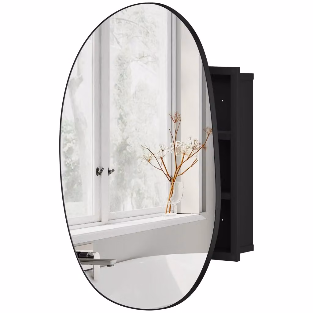 Specchio Contenitore da Bagno Moderno con Illuminazione LED e Ante in Vetro, Nero, L: 61 cm, P: 12 cm, H: 79 cm – 2
