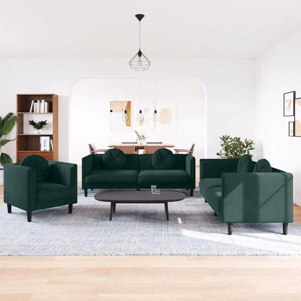 Set di divani 3 pezzi vidaXL in velluto verde con cuscini e struttura in legno massiccio – 1