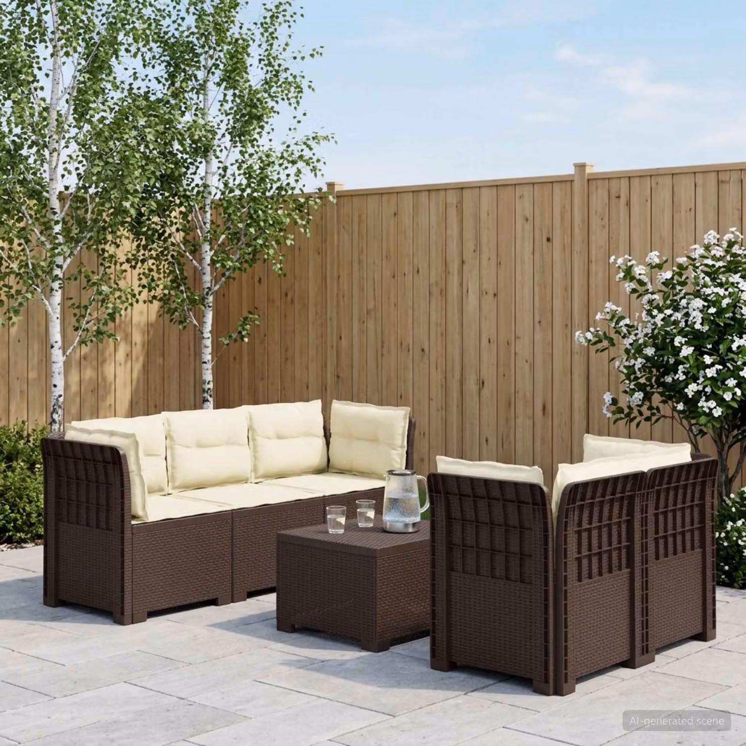 Set da giardino vidaXL a forma di L con divano da 3 posti, poltrona e tavolino da caffè, in polyrattan marrone e cuscini beige con coperture rimovibili