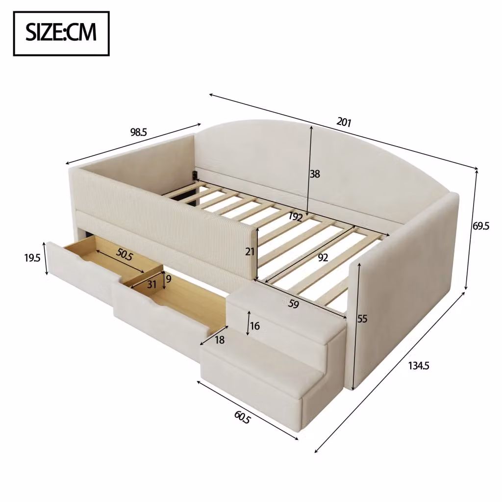 Letto Sofà REDOM in velluto beige con 2 cassetti e scalini di sicurezza per bambini L/P: 90 x 190 cm – 2