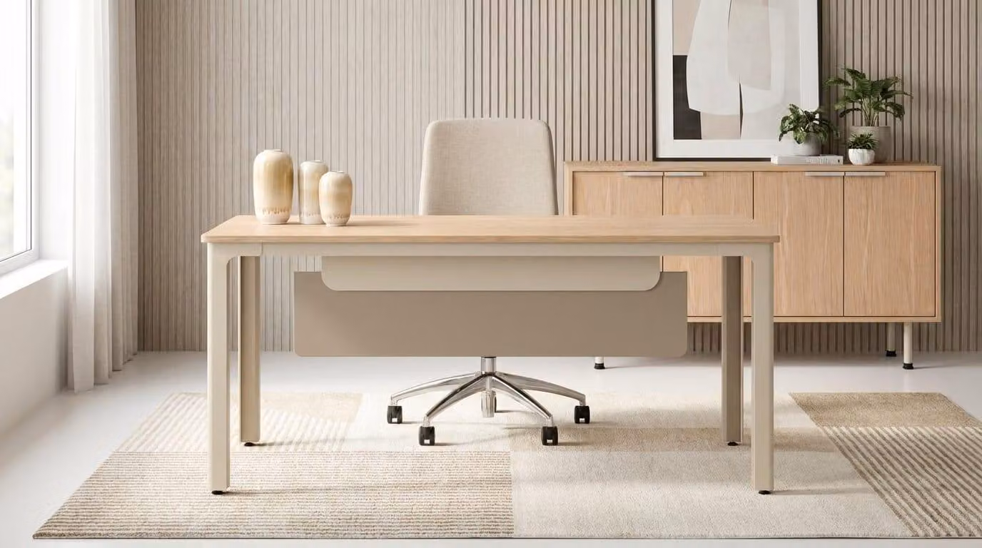 Set completo per ufficio: scrivania, mobiletto laterale, legno, design moderno, mobili per ufficio