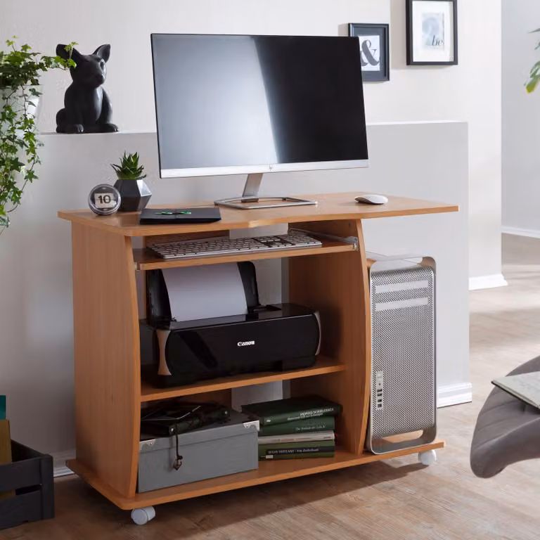 Tavolo da computer FineBuy GRASSE con rotelle, faggio, 90 x 71 x 50 cm, con cassetto per tastiera, tavolo per laptop su rotelle bloccabili, tavolo per PC con ripiano per stampante