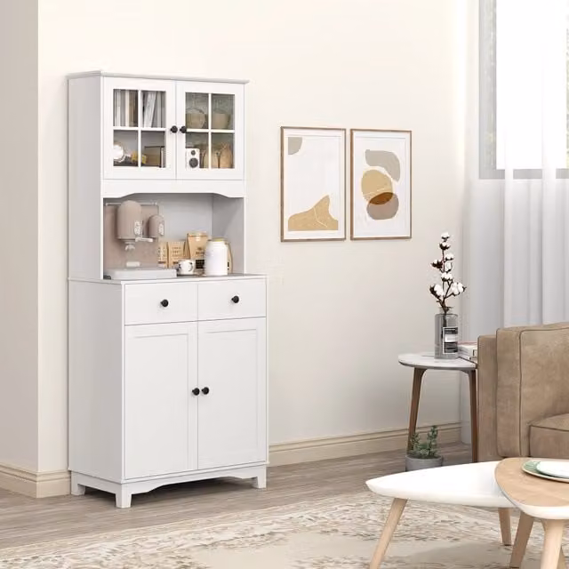 Mobile colonna da cucina Mivray con piano per microonde, 2 armadi con ante in vetro, 2 cassetti e ripiani regolabili, bianco, L/P/H: 74.5 x 40 x 172 cm