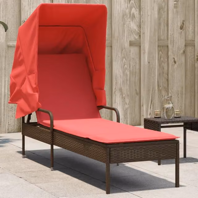 Lettino prendisole con baldacchino vidaXL in Polyrattan marrone con cuscini in tessuto resistente ai raggi UV e poggiatesta regolabile – 1