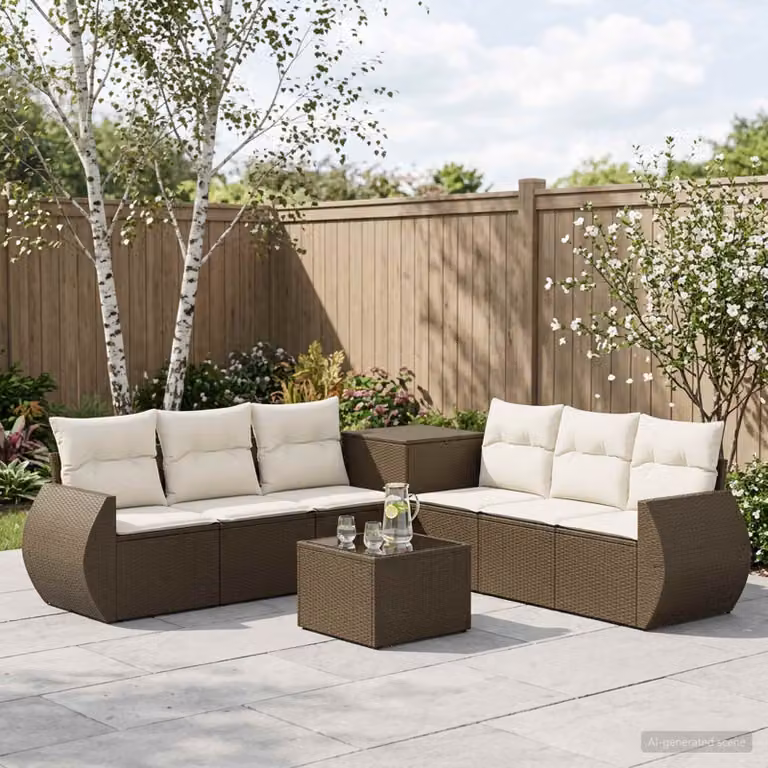 Set di divani da giardino vidaXL in polyrattan marrone e bianco crema con cuscini inclusi