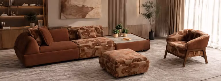 3 Sitzer Sofa Sessel Pouff Kaffeetisch Braun Wohnzimmer Modern