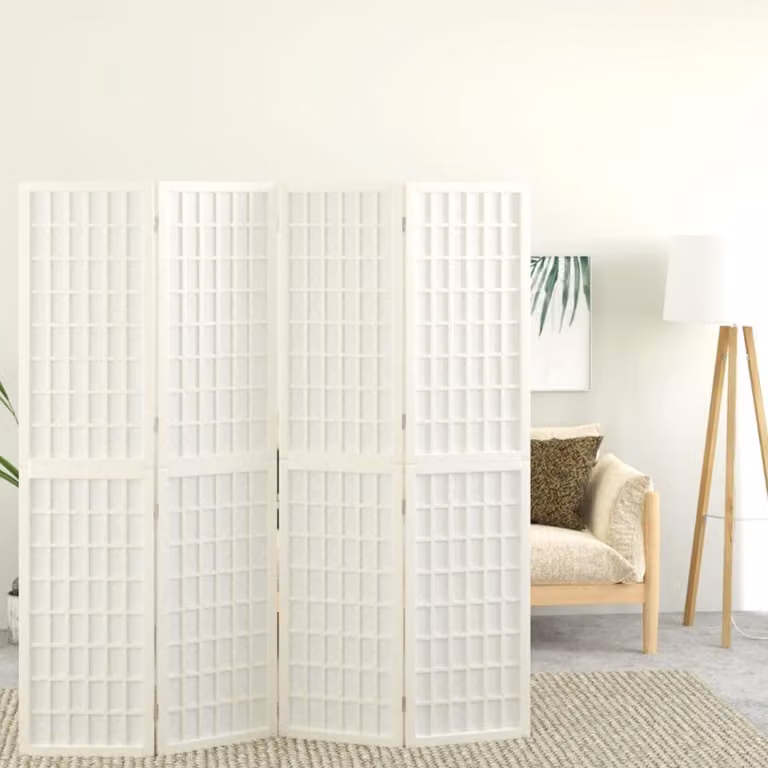 Divisorio Pieghevole vidaXL in Legno di Abete Stile Giapponese, 4 Pannelli, Bianco Opaco, H: 170 cm, L: 160 cm