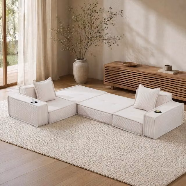 Divano 2 posti ULEVR 162x78x66 cm modulare con 2 cuscini e tasche laterali, tessuto a coste beige