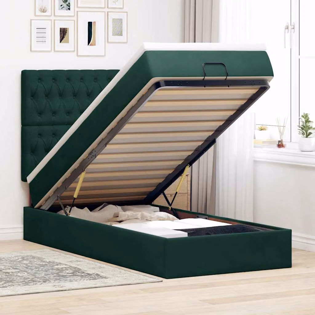 Letto con contenitore e materasso vidaXL in velluto verde e bianco, con base a sollevamento, illuminazione sottostante e porta USB, L/P/H: 90 x 200 x 128 cm