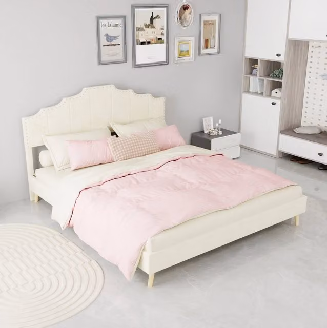 Letto matrimoniale 160x200 cm in tessuto e metallo beige