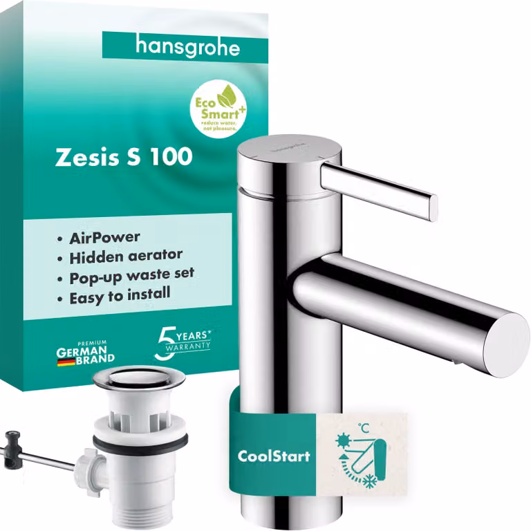 Miscelatore per lavabo Zesis S, cromato, altezza del beccuccio 104 mm, tecnologia EcoSmart+