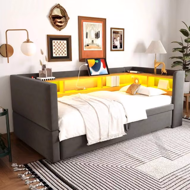 Divano letto REDOM in tessuto grigio con illuminazione LED e ricarica USB, L/P/H: 190 x 90 x 80 cm