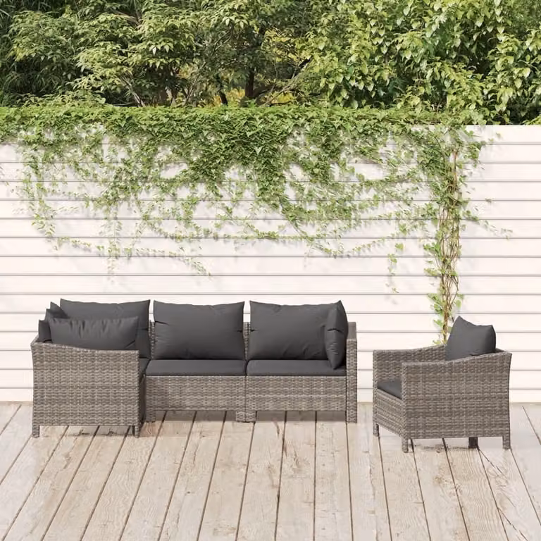 The Living Store Set da giardino 5 pezzi con cuscini in poly rattan grigio