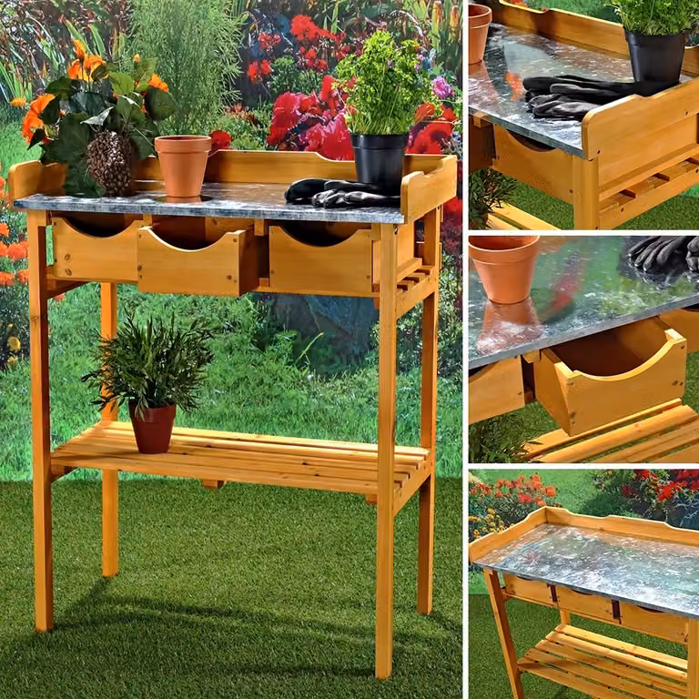 Tavolo da giardinaggio in legno con cassetto e ripiano Tavolo da giardinaggio