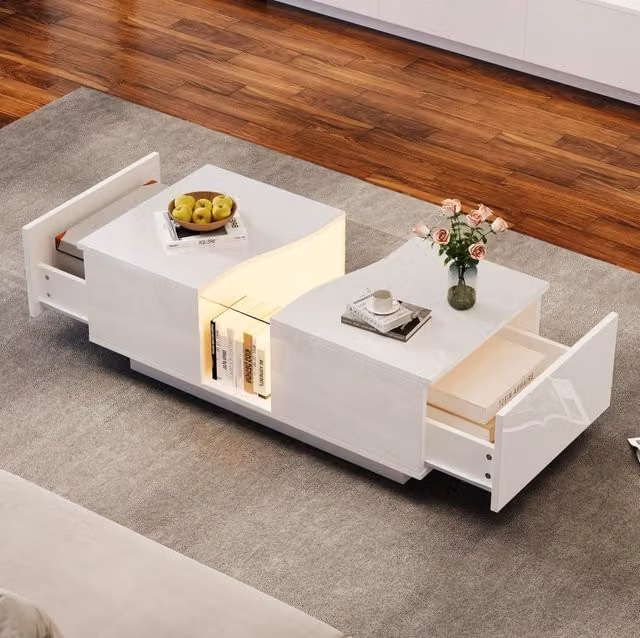 Tavolino da salotto ULEVR 100x50x35 cm con LED controllabile via app, 2 cassetti e piano in acrilico, bianco lucido